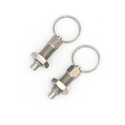 Stainless Steel Index Plunger Pull Lock Lever And Threaded Screw Kit For Equipment Cabinets Knockout Quality Galvanized Heavy Duty Snap Action Mounting Hardware Plug And Play Setup Five Piece Pack, featuring two spring plungers with ring.