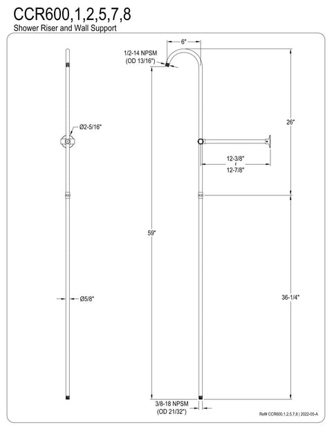 Diagram of Vintage Shower Riser And Wall Support With 6 Inch Riser, Polished Chrome Finish, Heavy Duty Brass Construction.