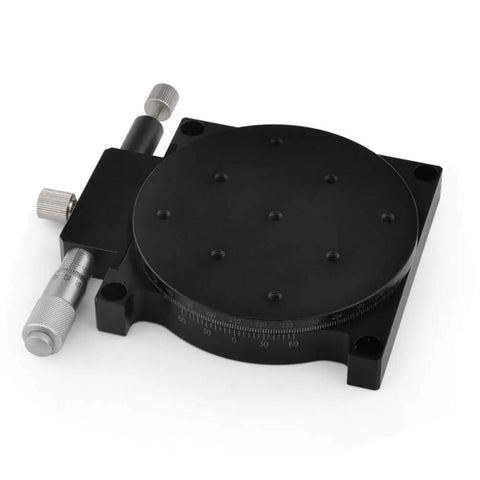 Manual Linear Positioning Stage Four Axis With 90mm By 90mm Platform showing round rotation stage and adjustment knobs
