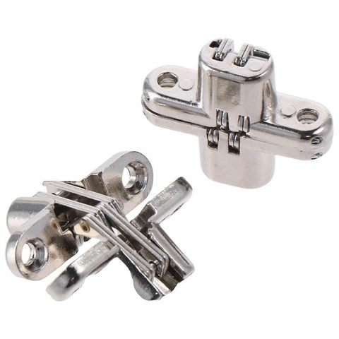 Hidden Cross Door Hinges 180 Degree Concealed Zinc Alloy 2 Pack For Doors And Cabinets Modern Style With Brushed Silver Finish No Visible Hardware Easy Install