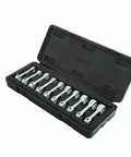 Three Eighths Inch Drive Ten Piece Metric Torque Adapter Set With Two Inch Length, shown in open black case