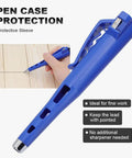 Deep Hole Marking Carpenter Pencil Set With 55mm Long Nose Three Woodworking Pencils And 24 Refills Protective Cap Built In Sharpener Pro Grade For Construction And Workshop Use Yellow showing blue protective sleeve and built-in sharpener.