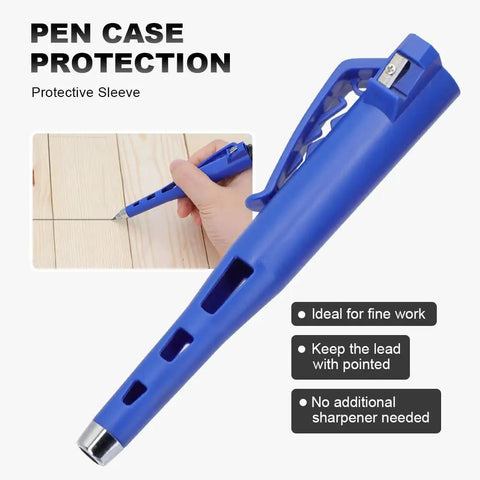 Deep Hole Marking Carpenter Pencil Set With 55mm Long Nose Three Woodworking Pencils And 24 Refills Protective Cap Built In Sharpener Pro Grade For Construction And Workshop Use Yellow showing blue protective sleeve and built-in sharpener.