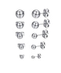 Five Pair Silver Stainless Steel Ball Stud Earrings Set For Women Hypoallergenic Round Studs In 3mm To 7mm Sizes For Everyday Wear And Gift Giving Tarnish Resistant Jewelry Kit Essentials, front and side view