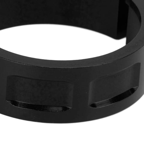 Close-up of Vistreck 41mm Quick Release Bike Seat Post Clamp, black aluminum alloy collar for folding bikes.
