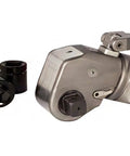 Kickass Hydraulic Torque Wrench Built With Lightweight Square Drive Frame And 360 Degree Swivel Hose Assembly For Fitting Into Cramped Spots Fast Rock Solid Rotary Return Handle Generates Clean Hands Free Torquing Force Whenever DIY Jobs Get Heavy, detailed view showing metal construction and black sockets.