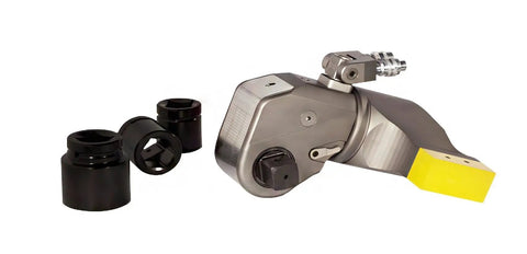 Top Shelf Professional Grade Lightweight Hydraulic Torque Wrench With 360 Degree Swivel Joint And Square Drive Adapter showing a detailed view with black drive adapters.