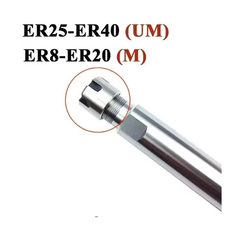 Battle Tested CNC Milling Extension Rod With Heavy Duty ER Collet Sleeve showing ER25-ER40 and ER8-ER20 collet types.