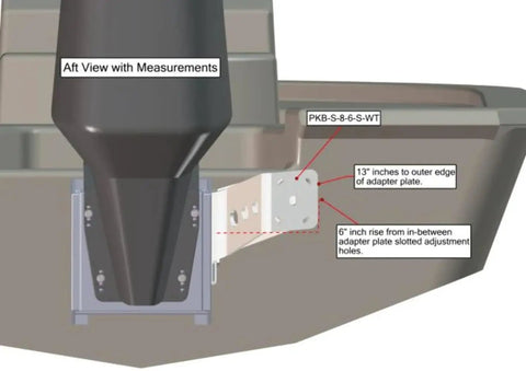 Aft view of Braced Side Mount Adapter Plate Kit For S-8-6 Port Black, showing measurements with 13in outer edge and 6in rise.