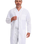 Unisex 40 Inch Scrub Lab Coat With Notched Lapel And Four Button Front For Medical Pros And Students White Pro Grade Medical Attire All Day Comfort Style 83403 XL worn by model