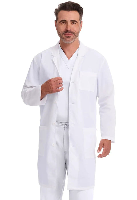 Unisex 40 Inch Scrub Lab Coat With Notched Lapel And Four Button Front For Medical Pros And Students White Pro Grade Medical Attire All Day Comfort Style 83403 XL worn by model