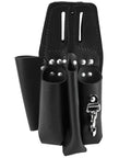 Leather 4 Pocket Tool Pouch With Plier, Ruler And Screwdriver Holders, front view, riveted black leather construction