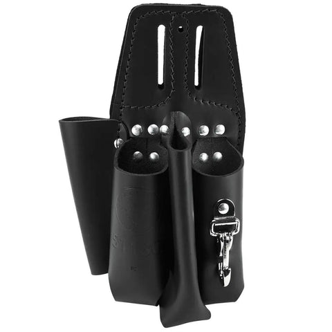 Leather 4 Pocket Tool Pouch With Plier, Ruler And Screwdriver Holders, front view, riveted black leather construction