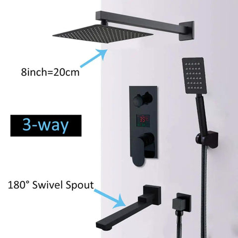 UMJIGF Led Digital Display Shower System Wall Mounted Concealed Shower Faucet Set Multifunction Matte Black shower head and spout.
