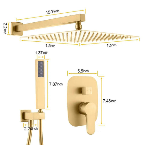 Wall Mounted Shower Faucet Set With Handheld Shower In Brushed Gold Solid Brass Tub Filler Modern Single Handle Shower System