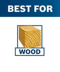Image showing logo indicating product is best for wood with a wooden block illustration above the word 'WOOD'.