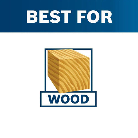 Image showing logo indicating product is best for wood with a wooden block illustration above the word 'WOOD'.