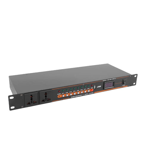 Ten Outlet Power Sequencer Conditioner With USB Charging Port, rack-mounted, ten outlet power supply for DJ consoles and pro audio gear.