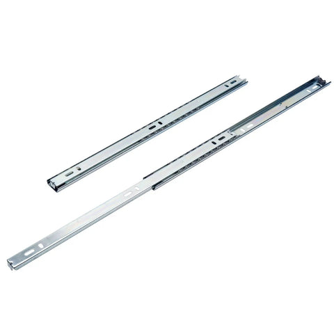 Built Tough 15 Inch Side Mount Cabinet Drawer Slides Featuring Steel Ball Bearings, two metal tracks for smooth drawer movement.