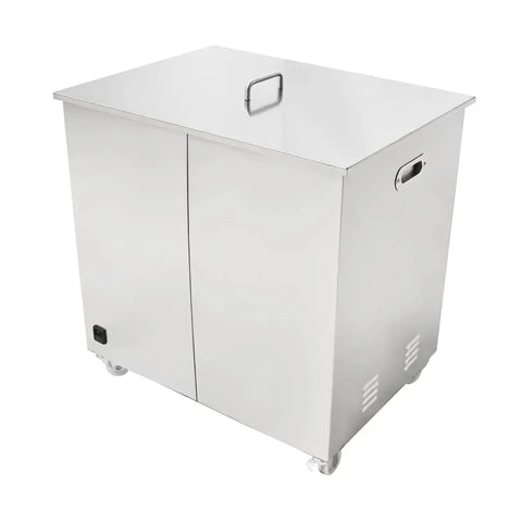 Heavy Duty Industrial Ultrasonic Cleaner 130L Tank For Badass Grime Removal On Machinery Parts with stainless steel cabinet and wheels.