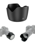 ET-60 Tulip Lens Hood Shade for Canon RF 75-300mm f4-5.6 and EF and EF-S Lenses, showing hood mounted on camera lens.