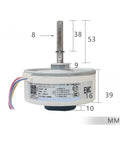 Kickass Indoor DC Fan Motor For Air Conditioners, Tough Replacement Part For Midea Units, Super Quiet, High Power Cooling, Easy Install, Industrial Grade Spare That Keeps Your AC Running Strong. White brushless motor with shaft and wires, 39 mm