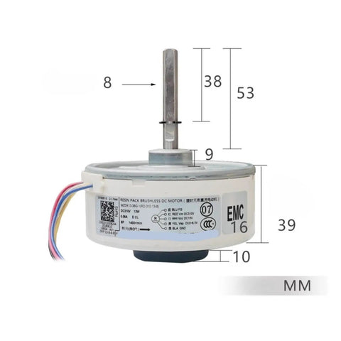 Kickass Indoor DC Fan Motor For Air Conditioners, Tough Replacement Part For Midea Units, Super Quiet, High Power Cooling, Easy Install, Industrial Grade Spare That Keeps Your AC Running Strong. White brushless motor with shaft and wires, 39 mm