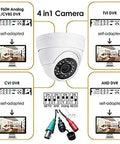 4 in 1 camera compatibility with 960H Analog, TVI DVR, CVI DVR, AHD DVR, showing connections and displays
