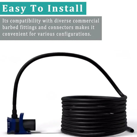 Black Vinyl Tubing Half Inch Inner Diameter And Five Eighths Inch Outer Diameter Ten Foot Flexible Hose For Water Air Oil Transfer In Ponds Fountains And Garden Great For DIY Projects Non Toxic BPA Free PVC Tube coiled next to pump
