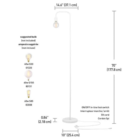 Dope 70 Inch Matte White Floor Lamp With In Line On Off Foot Switch For Living Room Bedroom Or Office Scandinavian Minimalist Tall Lighting Modern Home Decor Easy Move On 5 Foot Cord shown with dimensions and bulb suggestions