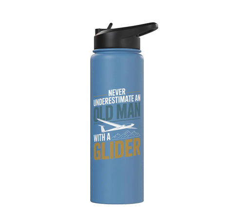 Glider Pilot Water Bottle For Sailplane Enthusiasts, Stainless Steel Insulated Bottle with motivational text, blue color, side view