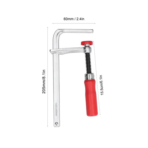 Adjustable Aluminum F Clamp For Woodworking With Poplar Handle 205mm with non-slip grip shown with measurements