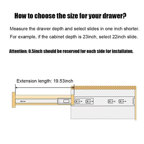 How to choose size for Heavy Duty Twenty Inch Full Extension Side Mount Drawer Slides Ten Pair Pack with extension length.
