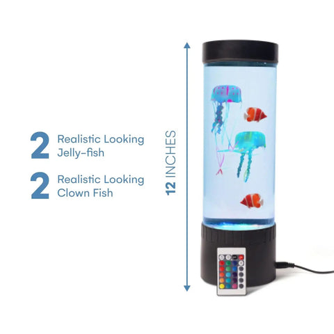 LED Jellyfish Lamp With Remote, 20 Color Changing LEDs, 2 Clownfish And 2 Jellyfish Figures, Soothing Night Light, 12 inches tall