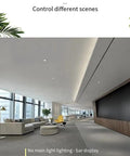 Sleek modern office with smooth operator ten pack round led recessed lights ultra thin anti glare ceiling spotlights warm white 3000k retrofit downlight.