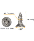 Built Tough Size Six By Three Eighth Inch Flat Head Phillips Wood Screws Premium Rust Proof Stainless Steel 304 close-up showing dimensions