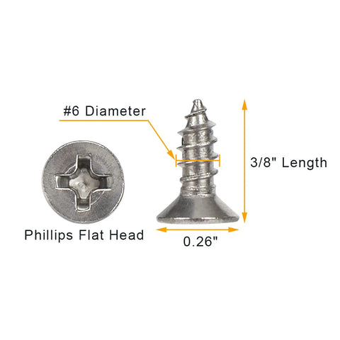 Built Tough Size Six By Three Eighth Inch Flat Head Phillips Wood Screws Premium Rust Proof Stainless Steel 304 close-up showing dimensions