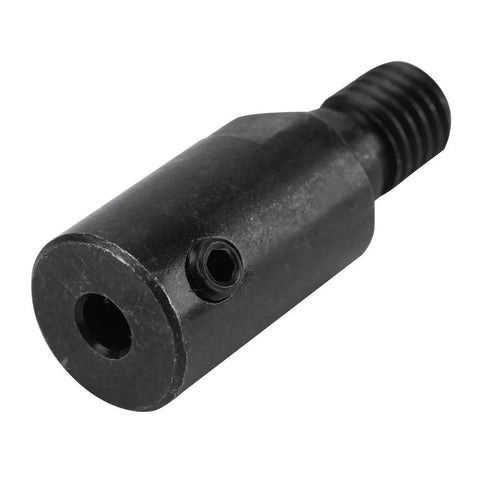 Black metal angle grinder chuck adapter with threaded end, side hex screw, and through-hole body (side view).