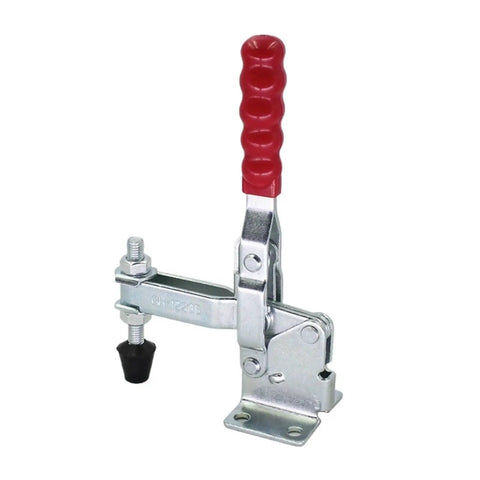 Heavy Duty Quick Release Vertical Toggle Clamp with red handle, robust metal body, ideal for fast woodworking projects.