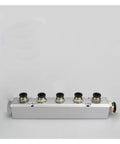 Compact 30x30mm G1/4 Out And G1/2 In 5 Way Pneumatic Fitting Air Manifold Block Splitter, aluminum body, front view