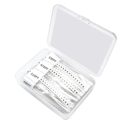 Image of Bulk 600 Piece 30 Value 0805 SMD Capacitor Kit With 1pF To 10uF Range, MLCC Ceramic Chip Capacitors in clear case.