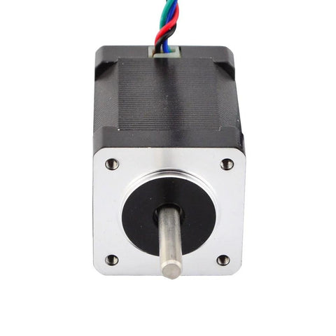 Front view of Nema 14 stepper motor, silver faceplate, black housing, exposed shaft, 4-wire cable.