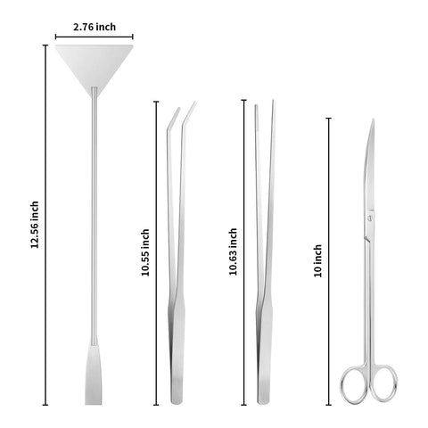 4 Piece Aquascaping Tool Kit For Aquariums With Long Reach Tweezers Scissors Scraper And Substrate Spatula Set includes 10 inch scissors.