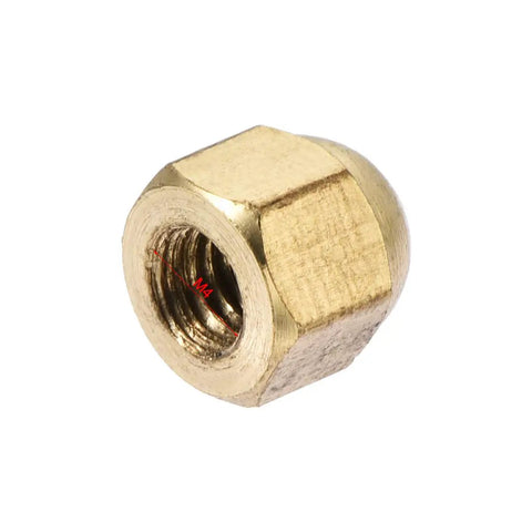 Top Shelf Brass Hex Cap Nuts 20 Piece M4 Dome Fasteners Corrosion Resistant Decorative Screw Covers Heavy Duty Hardware For Backyard Builds And Garage Fixes Solid Brass Finish close-up view of a brass hex cap nut.