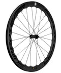 Carbon Disc Wheelset With Wave Rim 50CU 25 CC Thru Axle 12x100, black, close-up side view showing spokes and wave rim design.