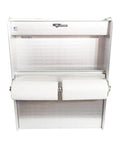 Front view of Trailer Door Cabinet Organizer With Flip Out Work Tray, 25 x 6 x 30 Aluminum Garage Shop Storage System with paper towel tensioner.