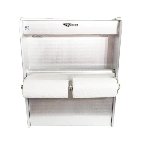 Front view of Trailer Door Cabinet Organizer With Flip Out Work Tray, 25 x 6 x 30 Aluminum Garage Shop Storage System with paper towel tensioner.