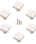 1.25 Inch Glossy Ceramic Square Cabinet Knobs White 6 Pcs with 3 screw sizes displayed