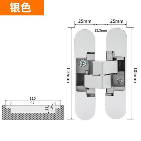 Three Dimensional Invisible Door Hinge For Wooden Doors Hidden Hinge For Foldable Blind Doors Cross 180 Degree Inside And Outside Opening Easy Install One Piece, showing dimensions and design
