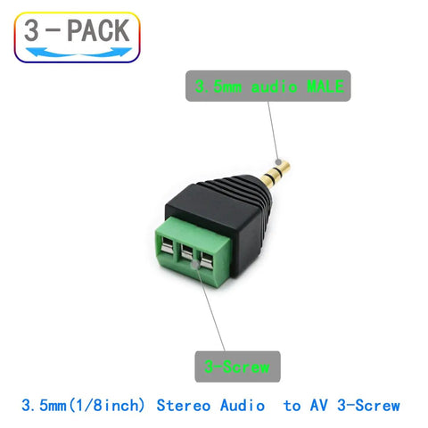 Three Pack 3.5mm TRS Stereo AV Male To 3-Screw Terminal Adapter Cables showing single adapter with 1/8 inch plug and screw block.